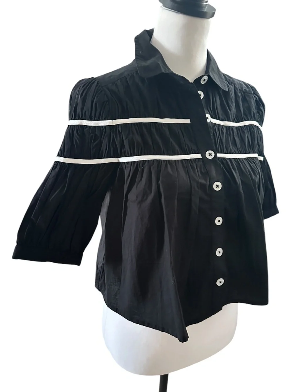 NWT Maeve Leandra Cotton Shirred Yoke Black Button Down Short Sleeve Blouse XXS - Picture 6 of 9